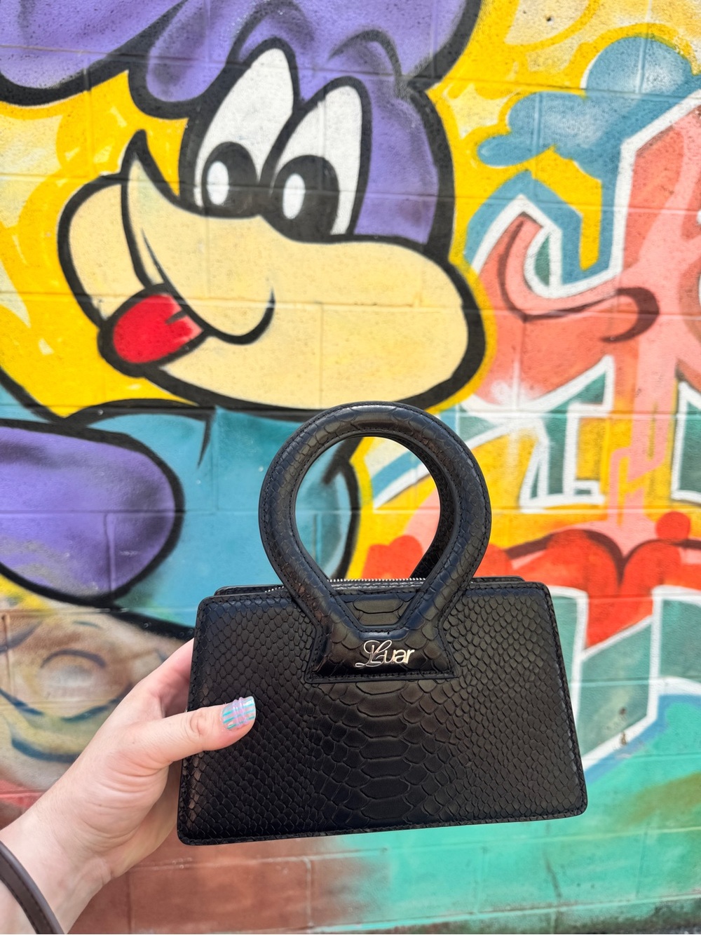Luar Black Mini Top-Handle Bag - Snake-Embossed Mini Tote NO STRAP